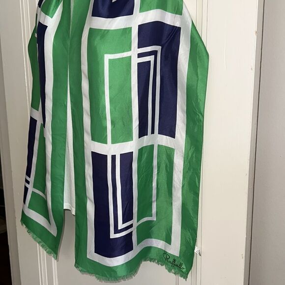 Vintage mid century Raffaello green, white & navy blue acetate long scarf - Picture 2 of 9